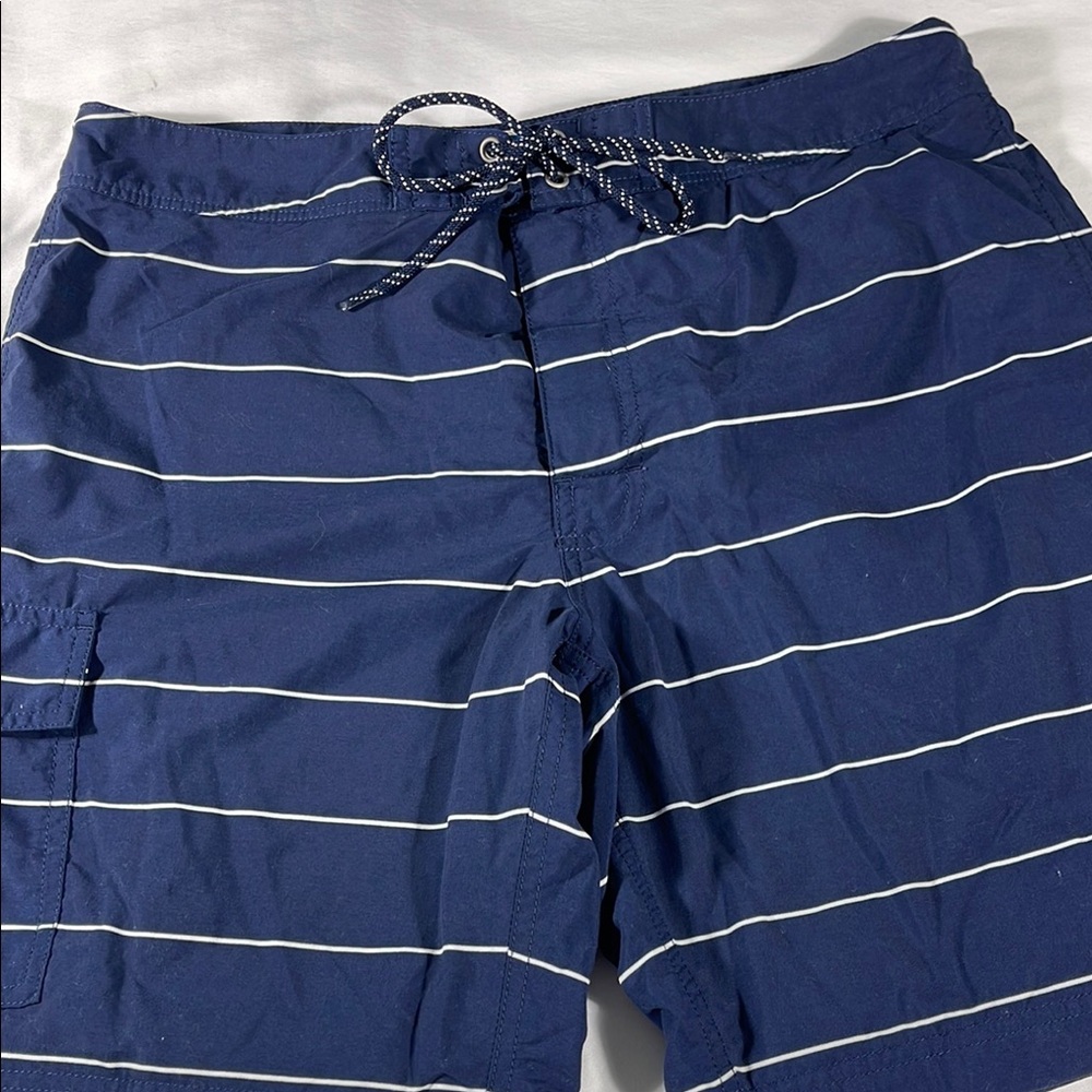 J. Crew mens blue w/ white stripes drawstring 9" swim trunks swimwear - size 32